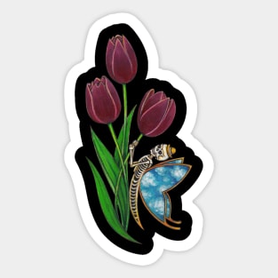 Surrealist skull and tulip flowers. Sticker